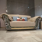 Beige Leather Sofa Set with Natural Marble Inlay, Gold Foil Embossing & Drawstring Craftsmanship
